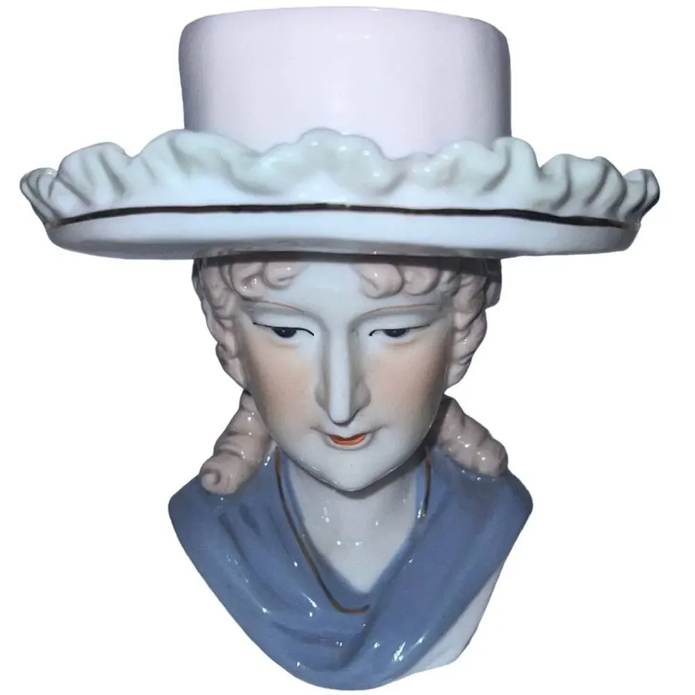 Lady Head Vase Planter - Blue & White Wide Brim Hat, 7” Tall, Mint Vintage